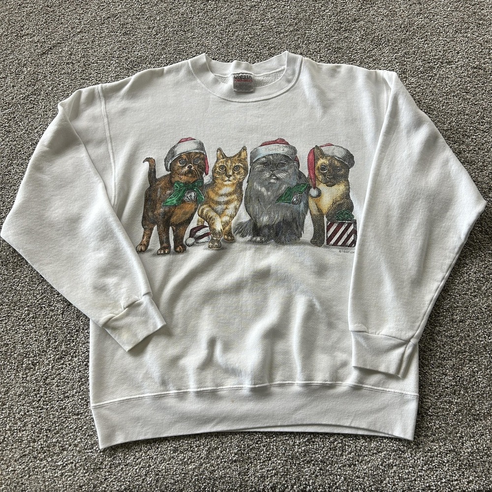 Vintage Oneita Sweatshirt Mens L White Fleece Pullover Cats Christmas 90s